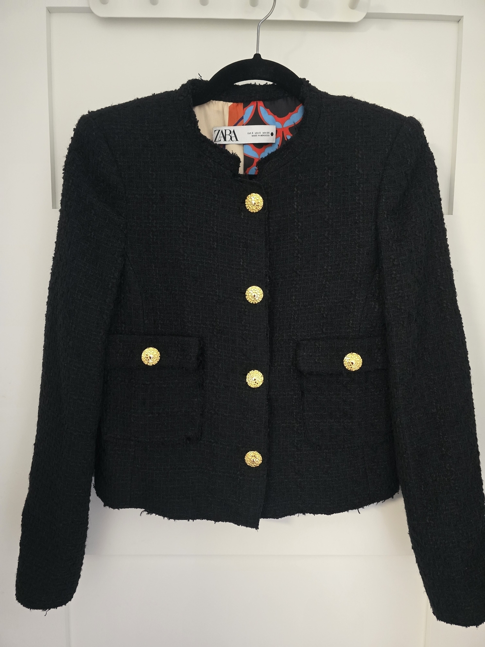 Zara Black Tweed Boxy Jacket with Gold Buttons